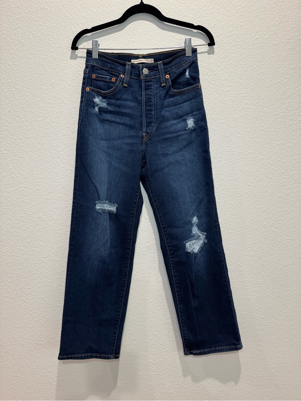 Levi’s Ribcage Straight Ankle Jeans Size 24 Dark Wash Distressed High Rise